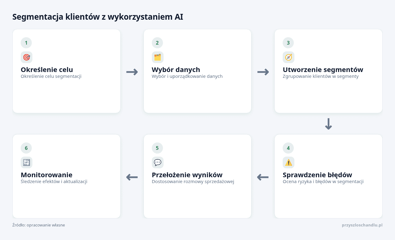 Kolejne kroki: Określenie celu, Wybór danych, Utworzenie segmentów, Sprawdzenie błędów, Przełożenie wyników, Monitorowanie